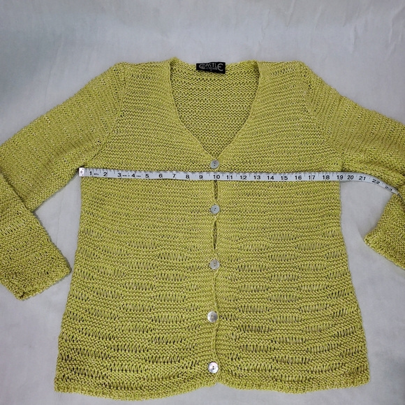 Castle of Ireland Knitwear Open Knit Lime Green Cardigan Sweater Shell Buttons M - Picture 8 of 11